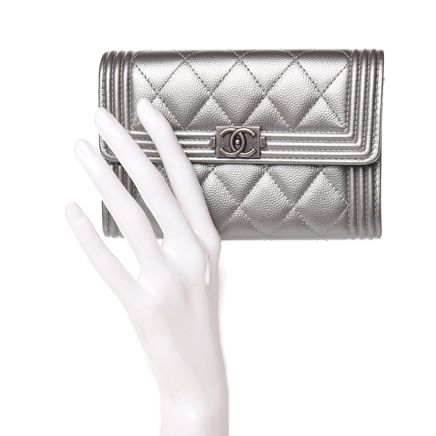 Metallic Caviar Quilted Medium Boy Flap Wallet Silver