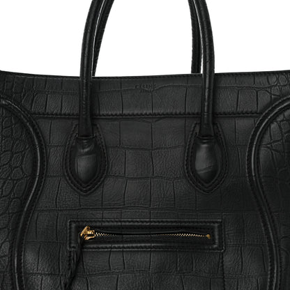 Celine Calfskin Crocodile Embossed Medium Phantom Luggage Black 8 of 14
