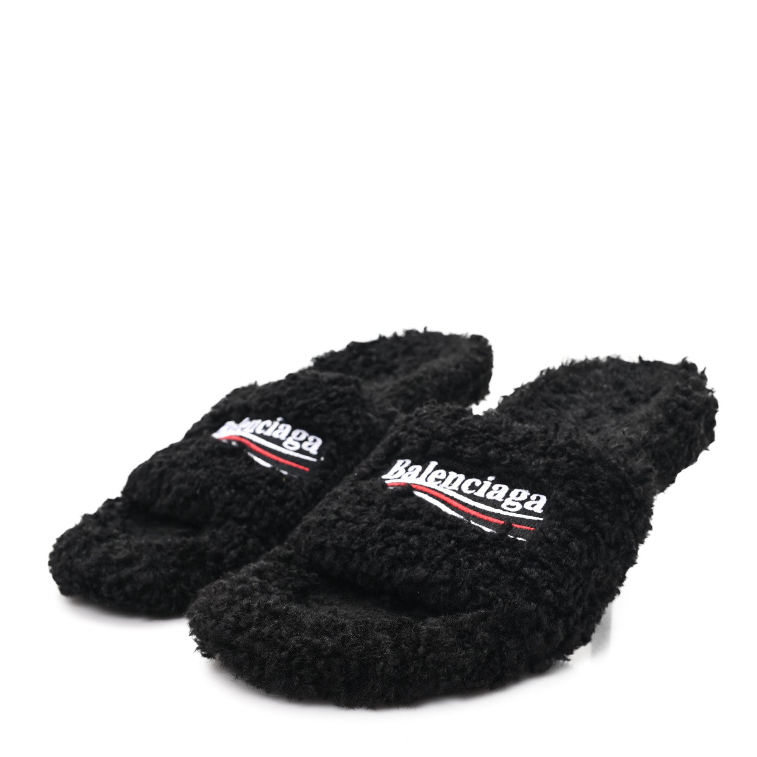Balenciaga Faux Shearling Political Campaign Logo 80mm Sandals 39 Black 4 of 7