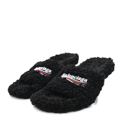 Balenciaga Faux Shearling Political Campaign Logo 80mm Sandals 39 Black 4 of 7