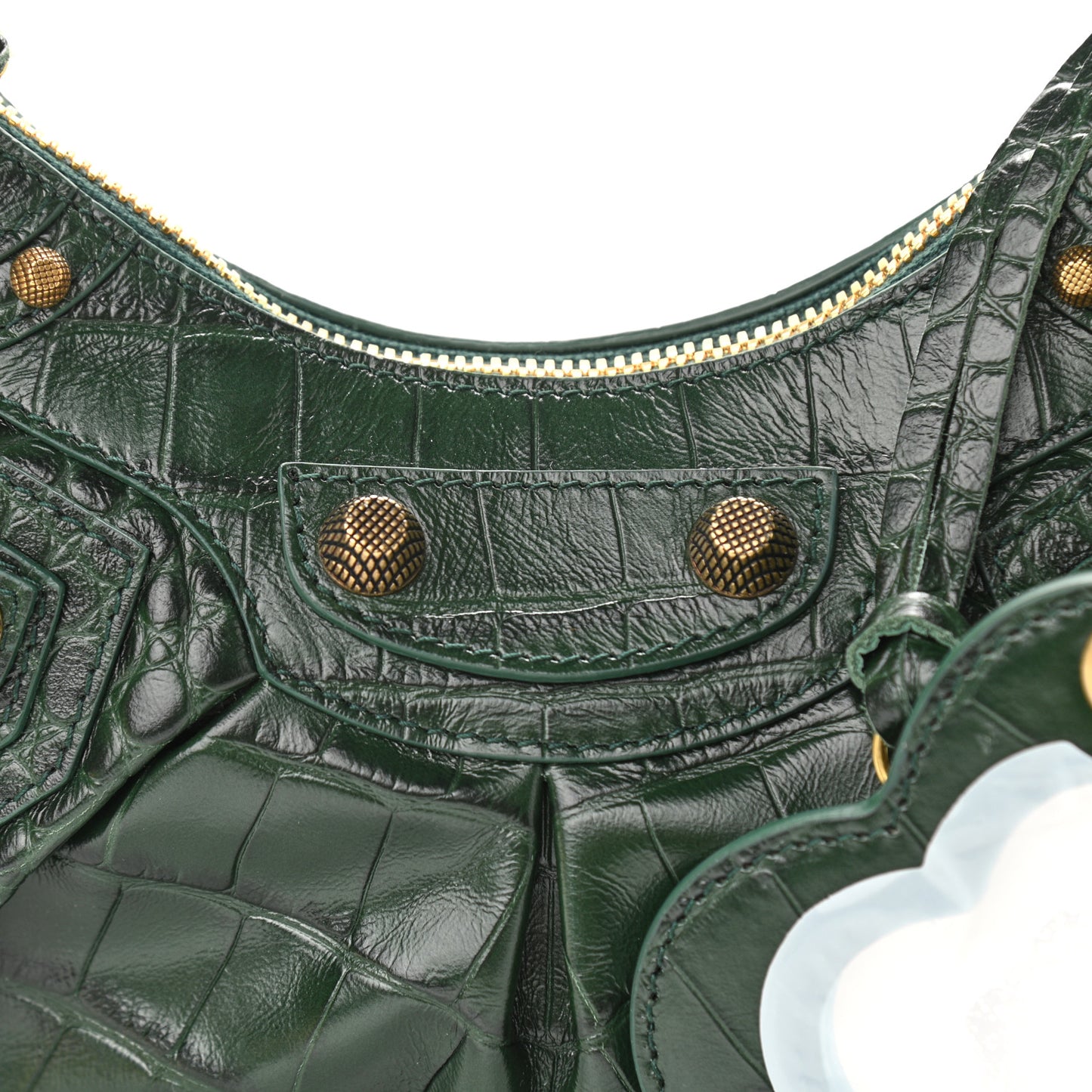 Extra Supple Calfskin Crocodile Embossed Le Cagole Shoulder Bag XS Forest Green