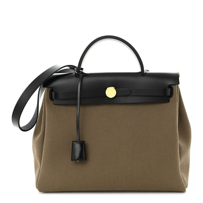 Hermes Vache Hunter Toile Herbag Zip 31 PM Khaki Black 3 of 12