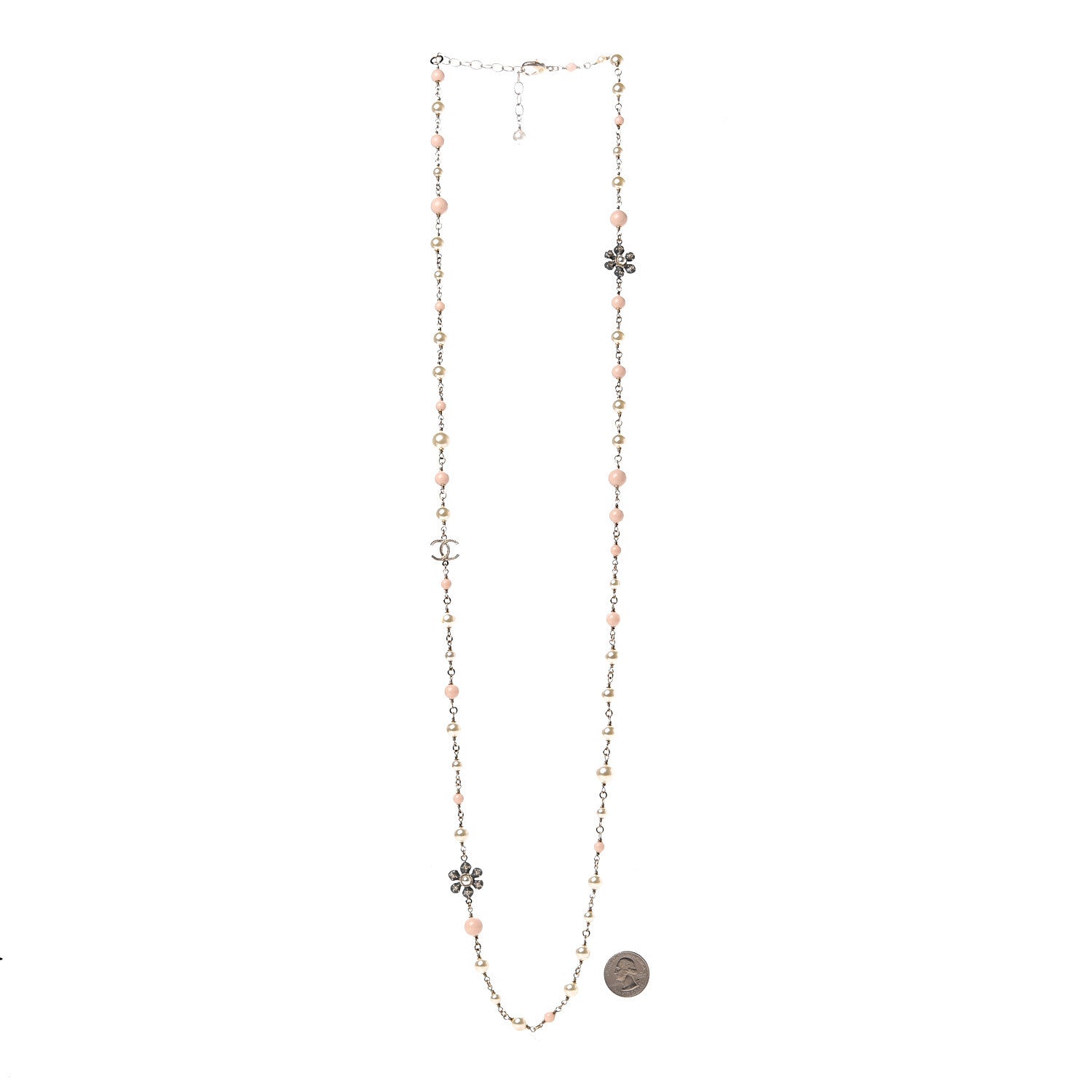 Chanel Enamel Pearl Bead CC Flower Long Necklace Pink Gold 3 of 4