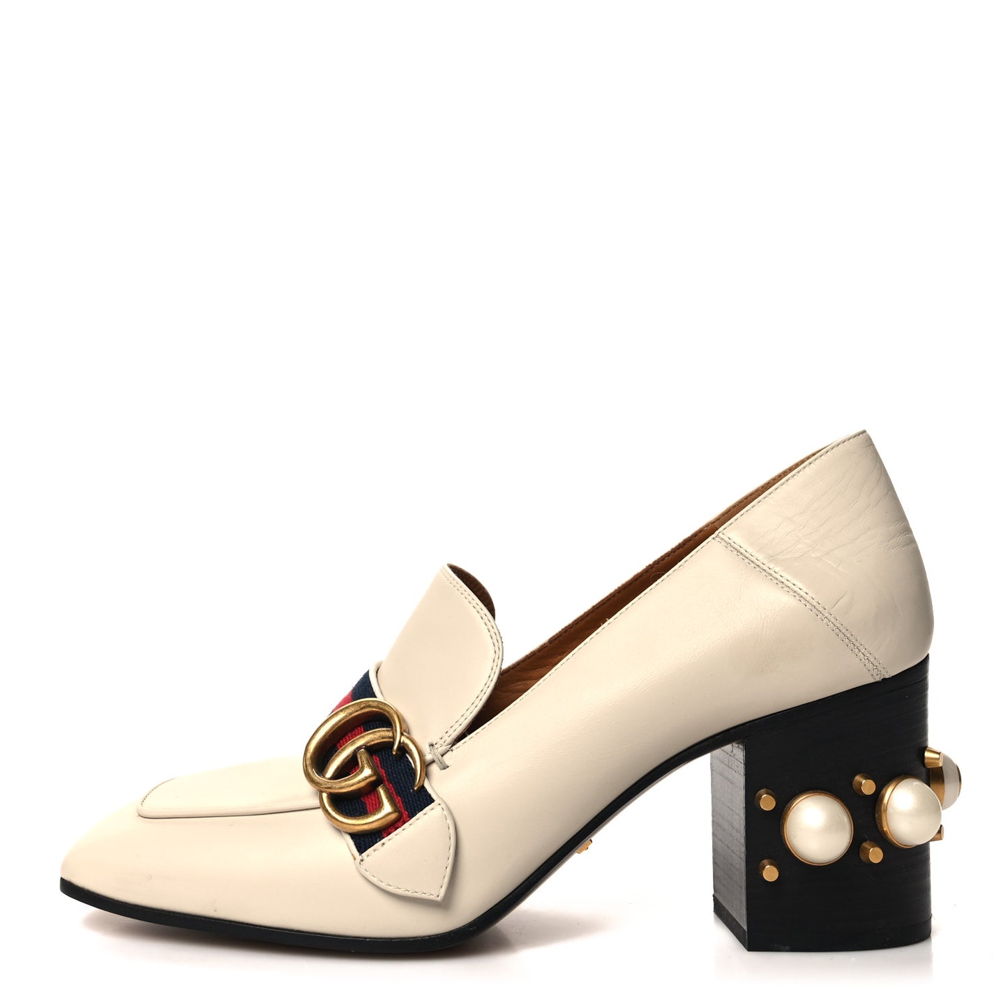 Betis Glamour Calfskin Web Pearl Embellished Peyton 75mm Loafer Pumps 40 Mystic White