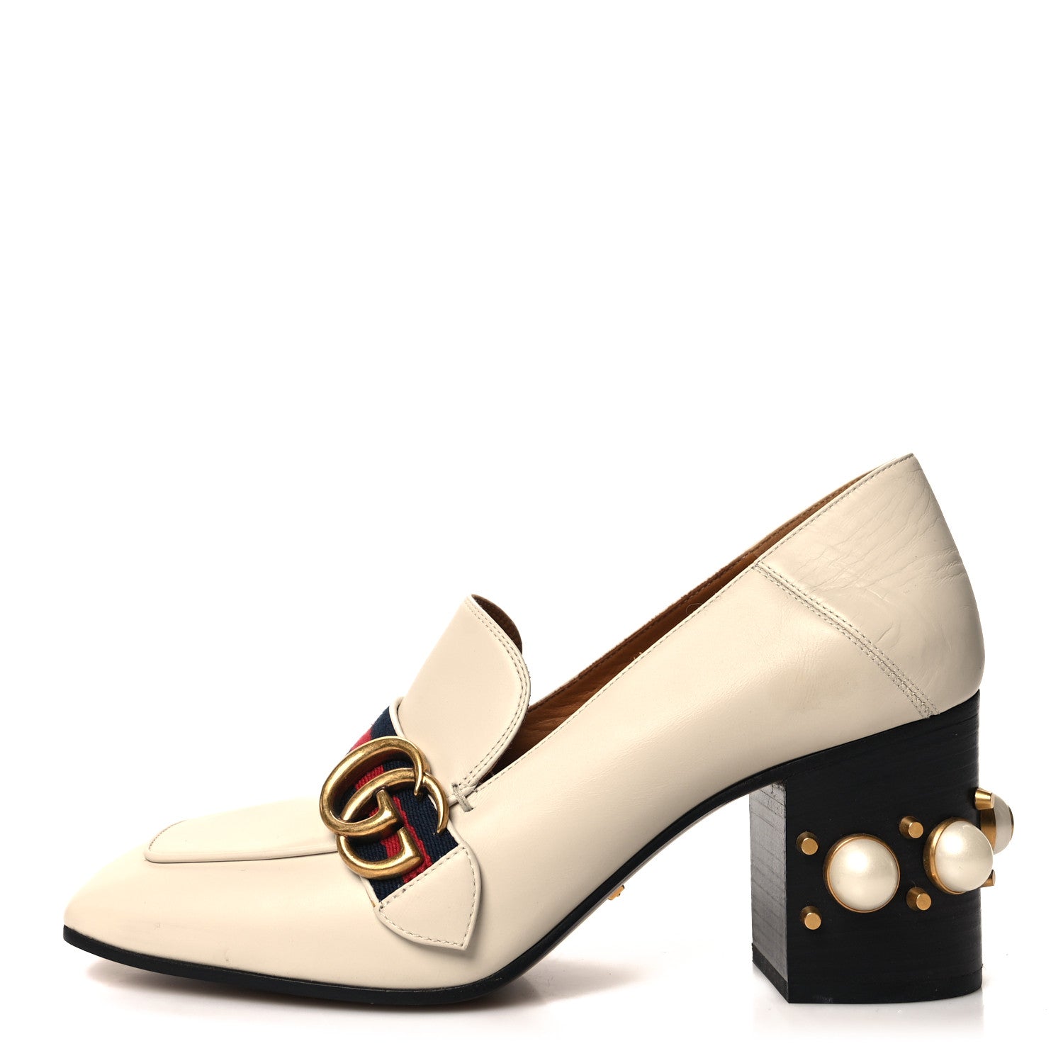 Gucci Betis Glamour Calfskin Web Pearl Embellished Peyton 75mm Loafer Pumps 40 Mystic White 1 of 8