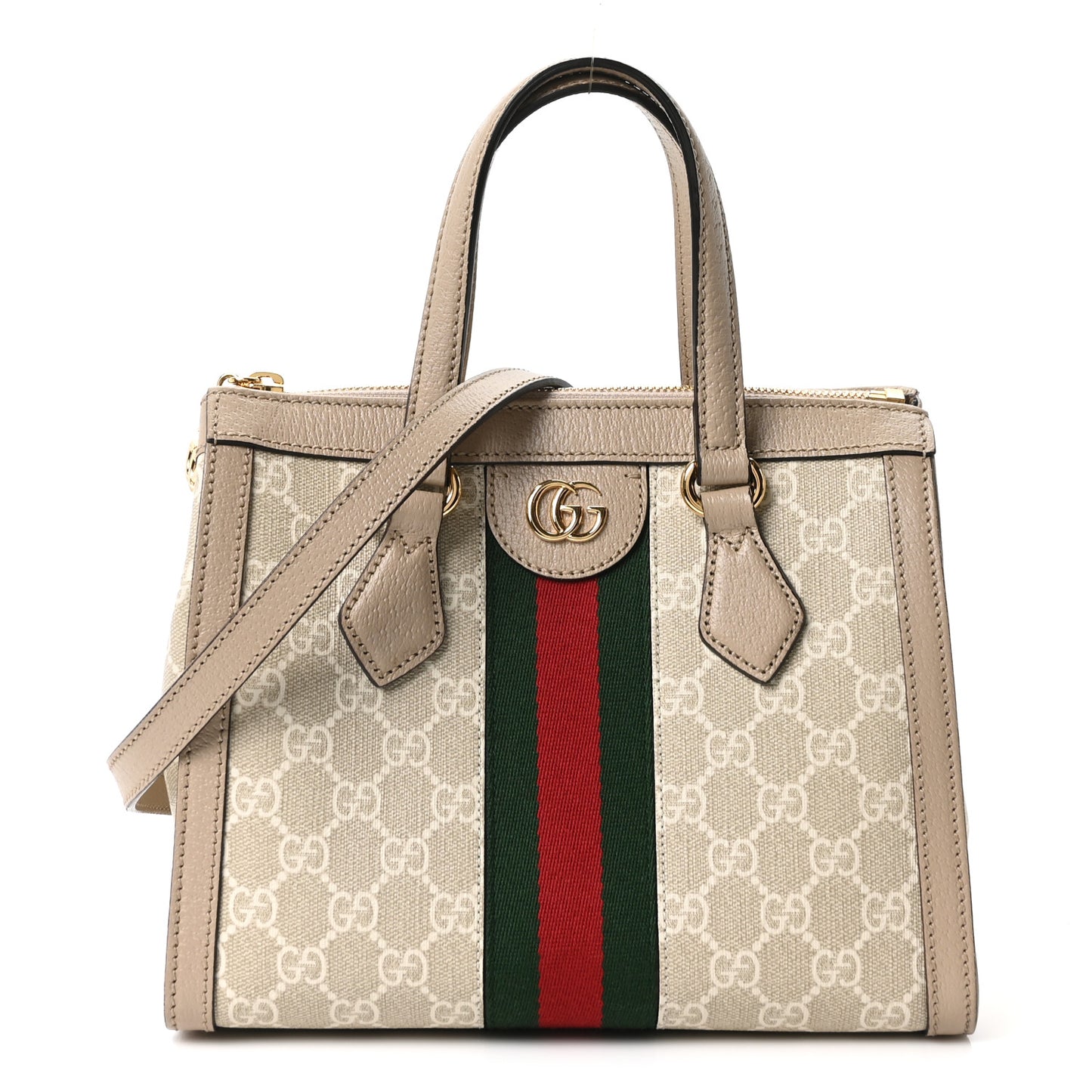 GG Supreme Monogram Textured Dollar Calfskin Web Small Ophidia Tote Bag Beige Mystic White Oatmeal