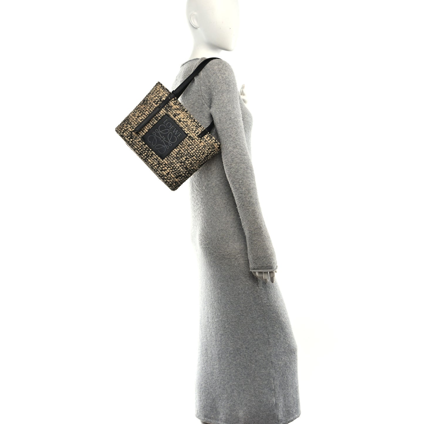 Raffia Small Square Basket Tote Bag Black Natural