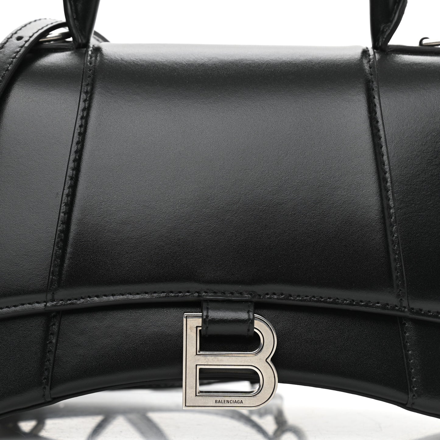 Shiny Box Calfskin Small Hourglass Top Handle Bag Black