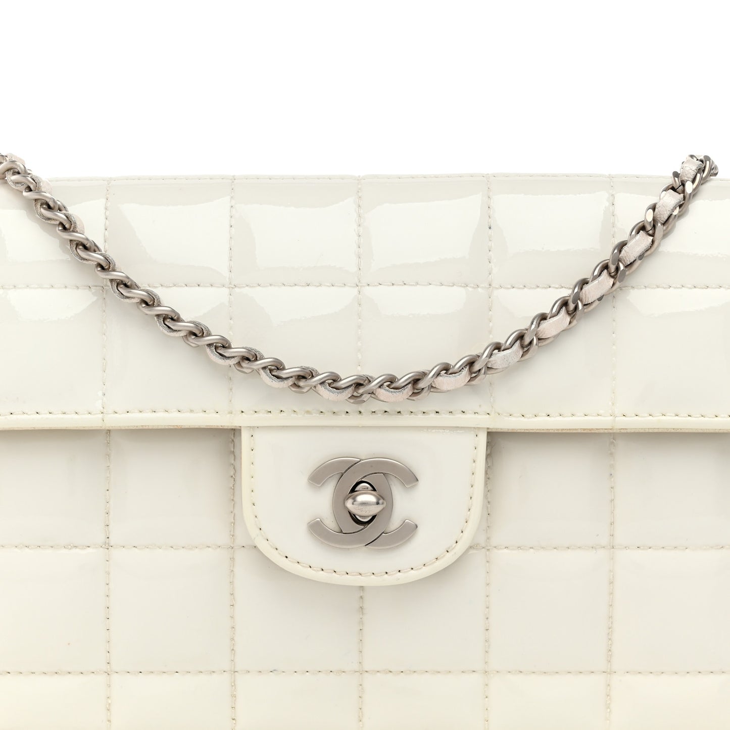 Patent Quilted East West Chocolate Bar Flap White