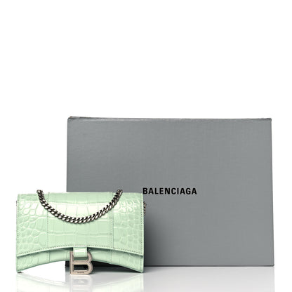 Balenciaga Shiny Calfskin Crocodile Embossed Hourglass Chain Bag Light Green 10 of 10