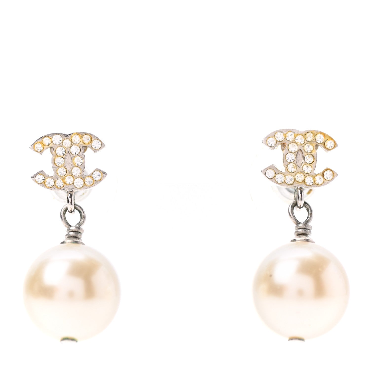 Chanel Crystal Pearl CC Drop Earrings Silver 1 of 4