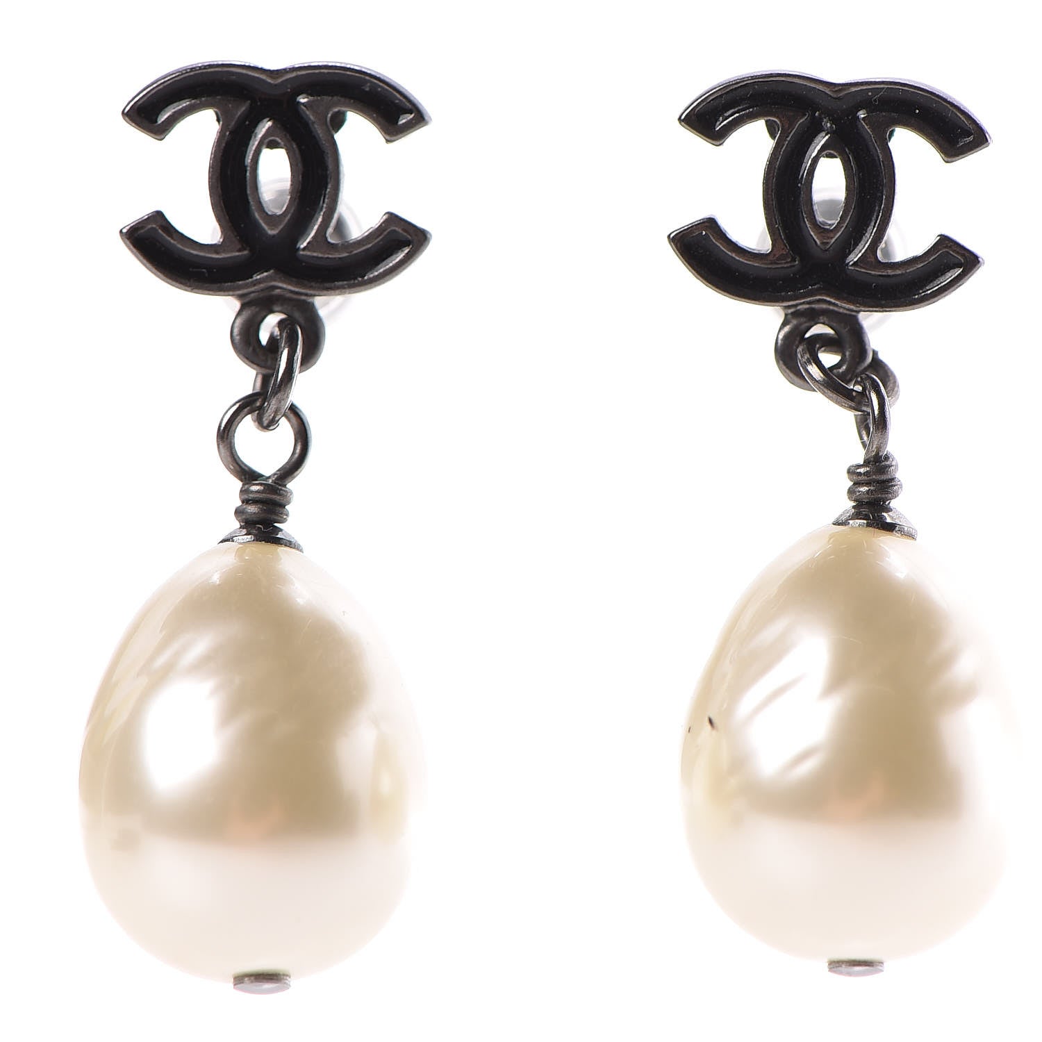 Chanel Pearl Enamel CC Drop Earrings Ruthenium Black 1 of 5