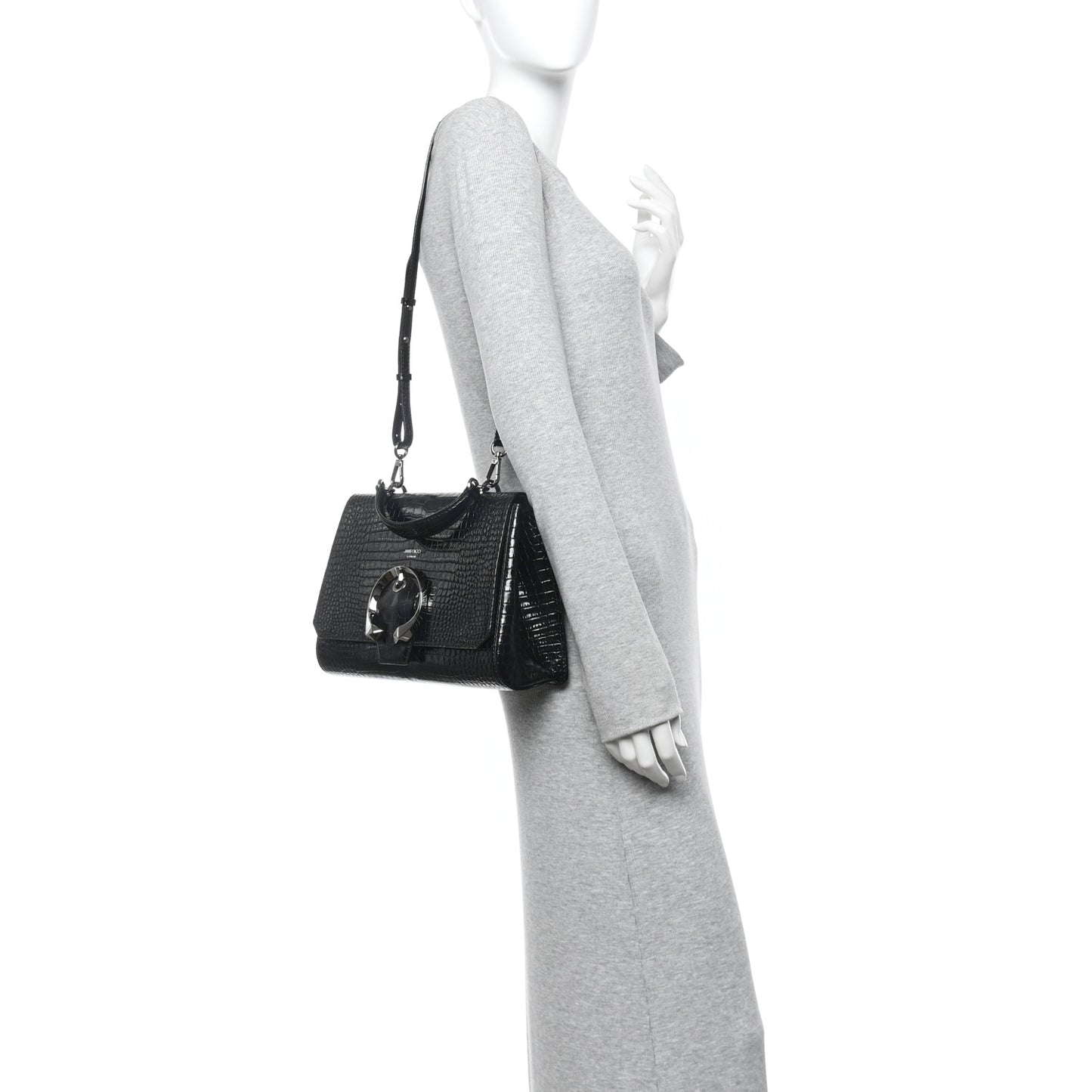 Calfskin Crocodile Embossed Madeline Top Handle Black