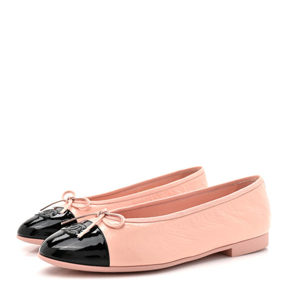 Chanel Shiny Crumpled Calfskin Patent CC Cap Toe Ballerina Flats 41 Light Pink Black 4 of 10