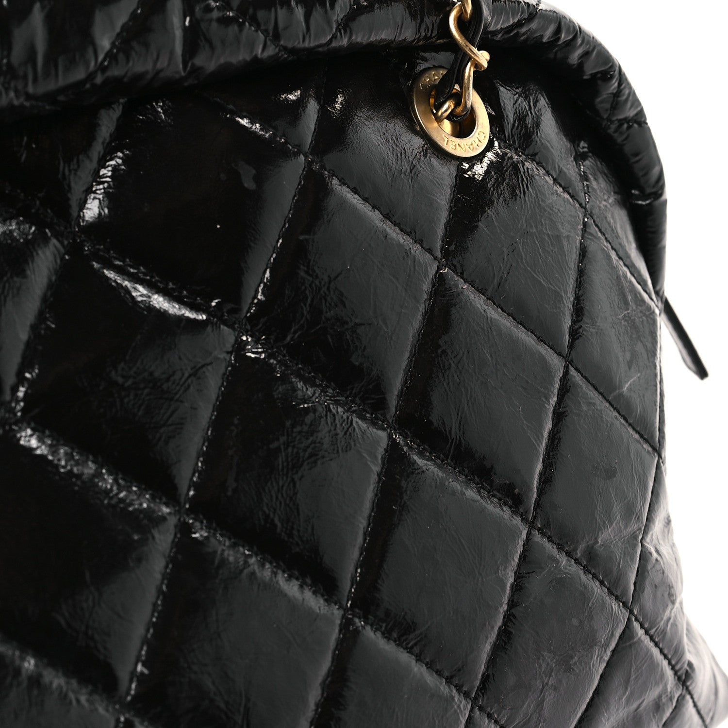 Chanel Shiny Crumpled Calfskin Quilted Large Bowling Bag Black 10 of 12