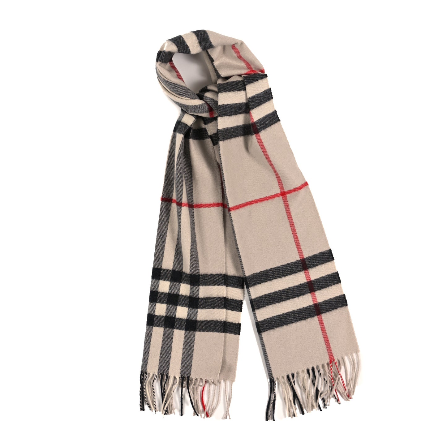 Cashmere Giant Check Fringe Scarf Ivory Camel