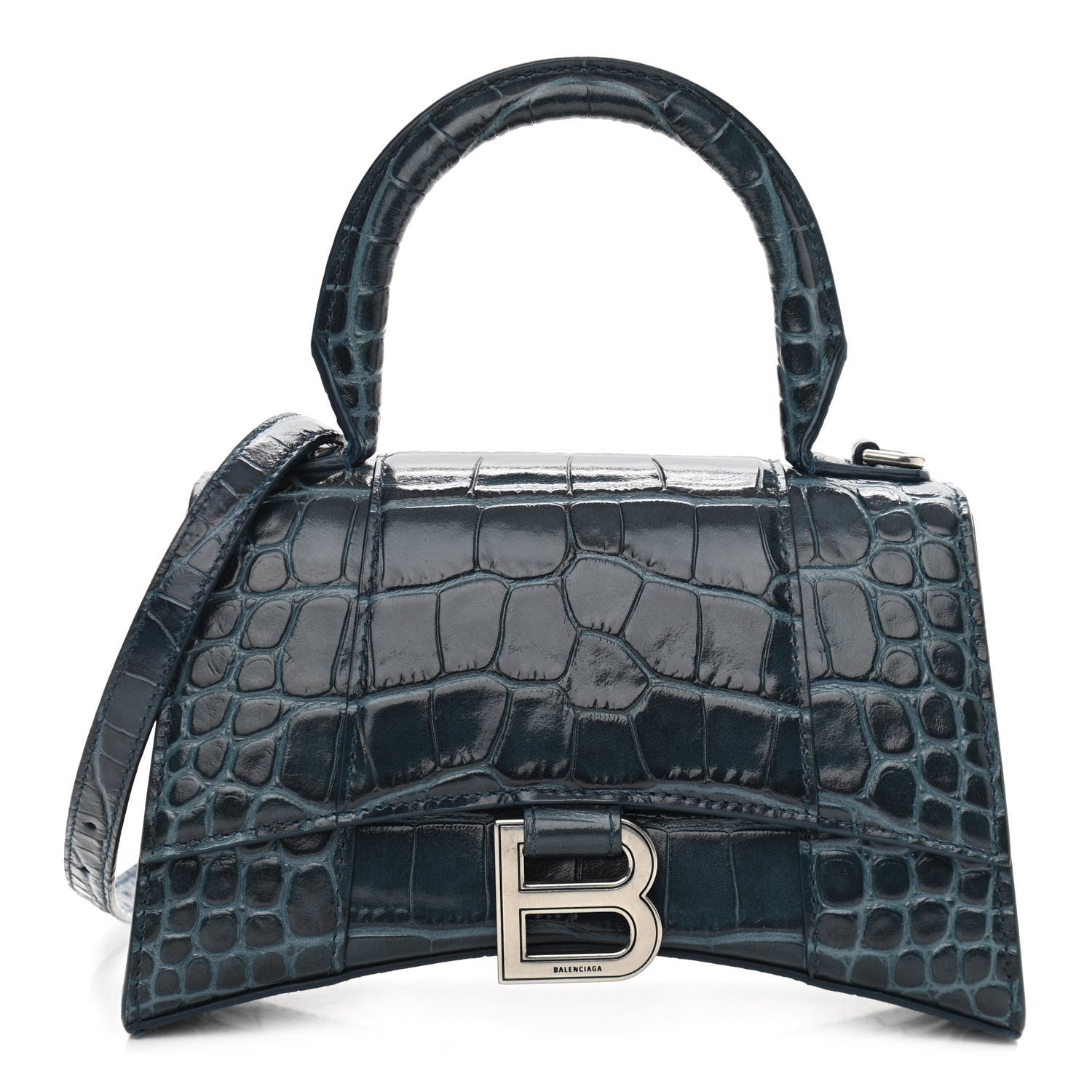 Balenciaga Shiny Calfskin Crocodile Embossed Hourglass Top Handle Bag XS Denim Blue 1 of 13