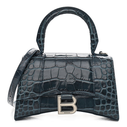 Balenciaga Shiny Calfskin Crocodile Embossed Hourglass Top Handle Bag XS Denim Blue 1 of 13