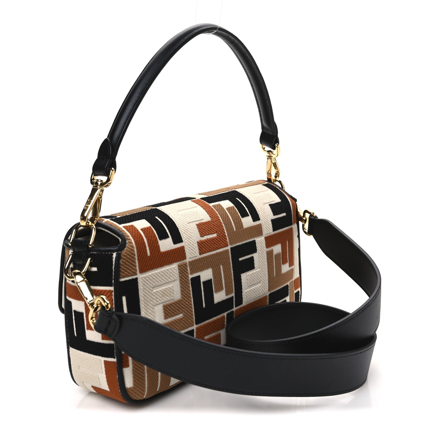 Canvas Vitello Seta FF Multicolor Embroidered Baguette Brandy Black