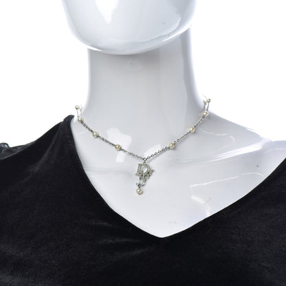 Christian Dior Crystal Pearl Logo Necklace Silver 2 of 5