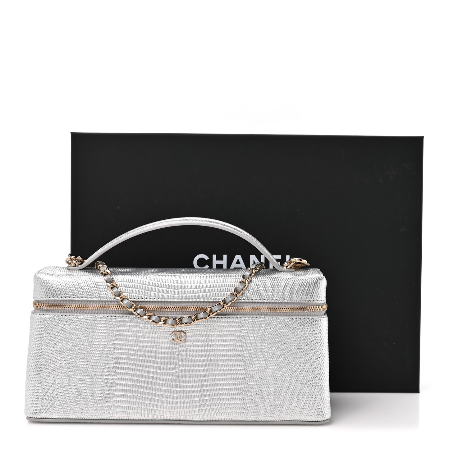 Lizard Embossed Calfskin Top Handle Slim Vanity With Chain Silvery