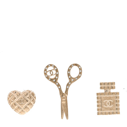 Chanel Metal Strass Crystal Quilted CC Heart Scissors Perfume Brooch Set Gold 1 of 4