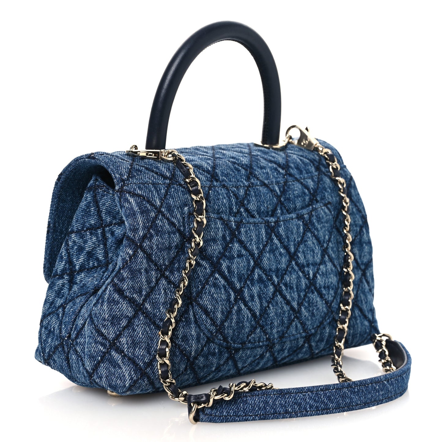 Washed Denim Quilted Mini Coco Handle Flap Blue