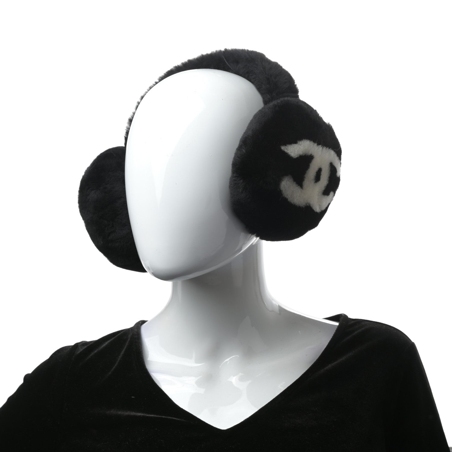 Chanel Shearling CC Ear Muffs Black White 2 of 4