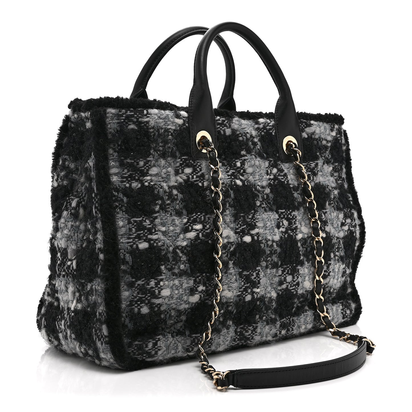 Tweed Shearling Quilted Lambskin Shopping Tote  Black Grey