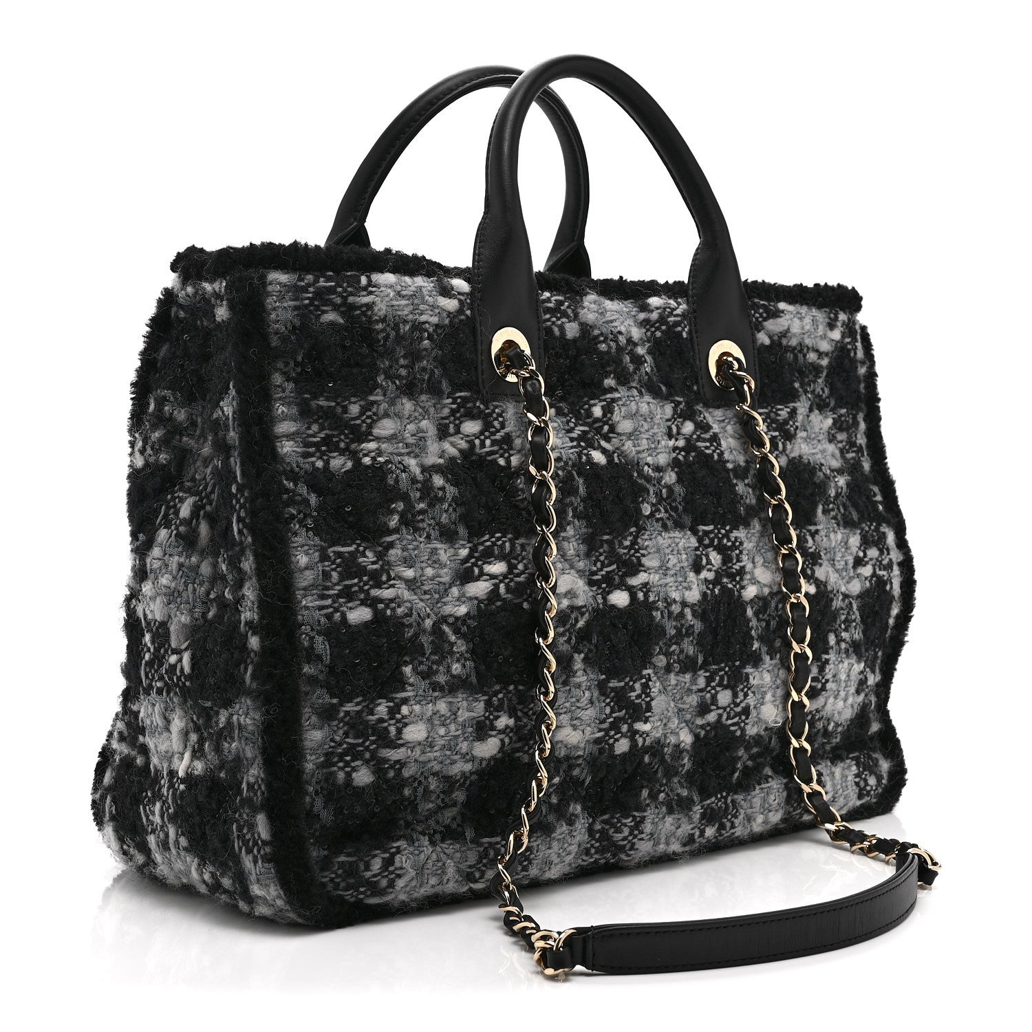 Chanel Tweed Shearling Quilted Lambskin Shopping Tote  Black Grey 3 of 10