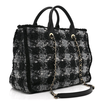 Chanel Tweed Shearling Quilted Lambskin Shopping Tote  Black Grey 3 of 10