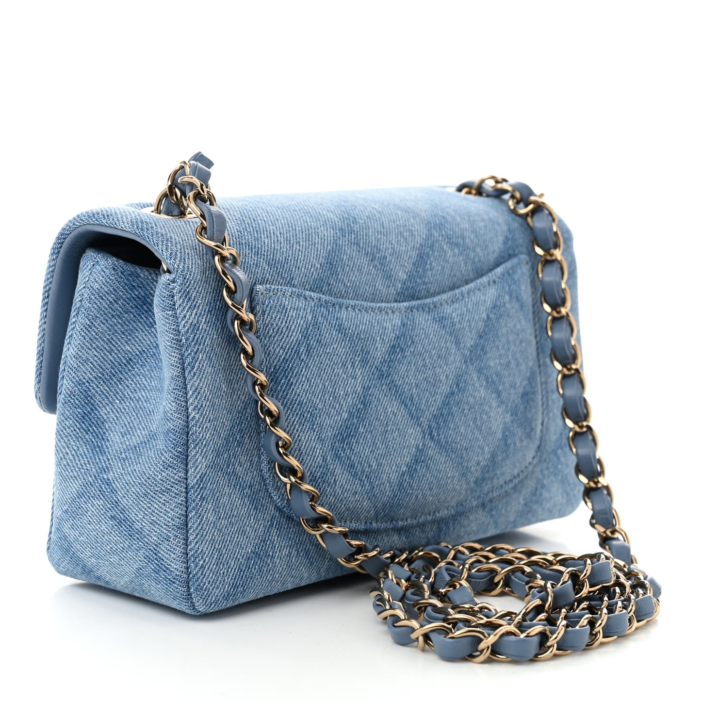 Printed Denim Quilted Mini Rectangular Flap Light Blue