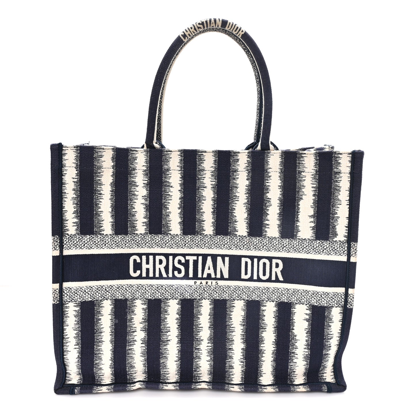 Canvas Embroidered Large Striped Book Tote Navy