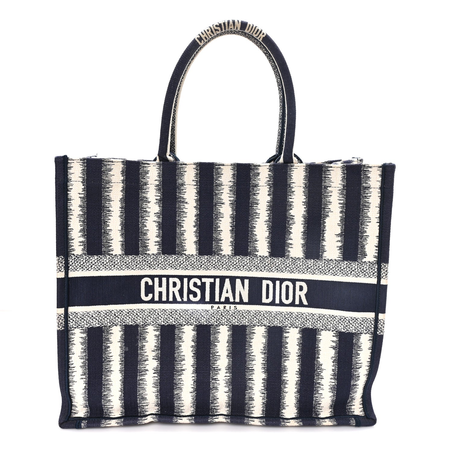 Christian Dior Canvas Embroidered Large Striped Book Tote Navy 1 of 11