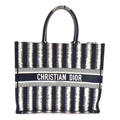 Christian Dior Canvas Embroidered Large Striped Book Tote Navy 1 of 11