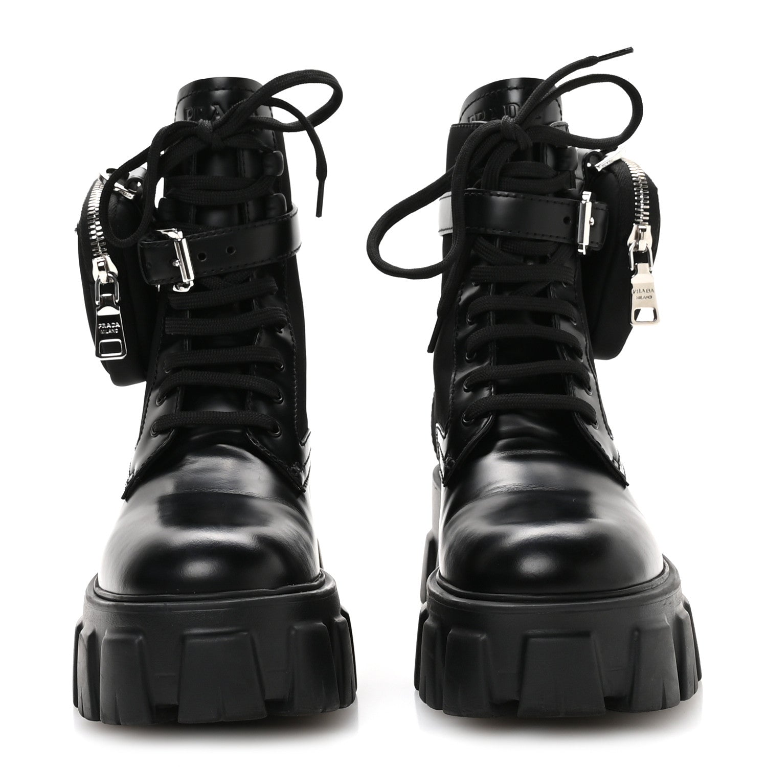 Prada Spazzolato Rois Re-Nylon Metal Triangle Logo Monolith Pouch Pocket 55mm Boots 35.5 Black 3 of 9