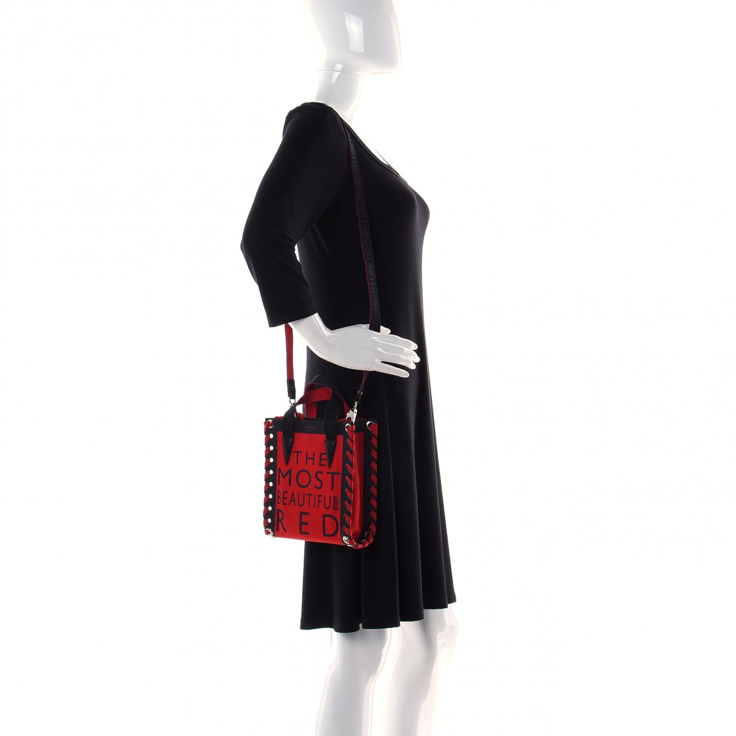 Braided Canvas Mini Cabalace Shopper Tote Red Black