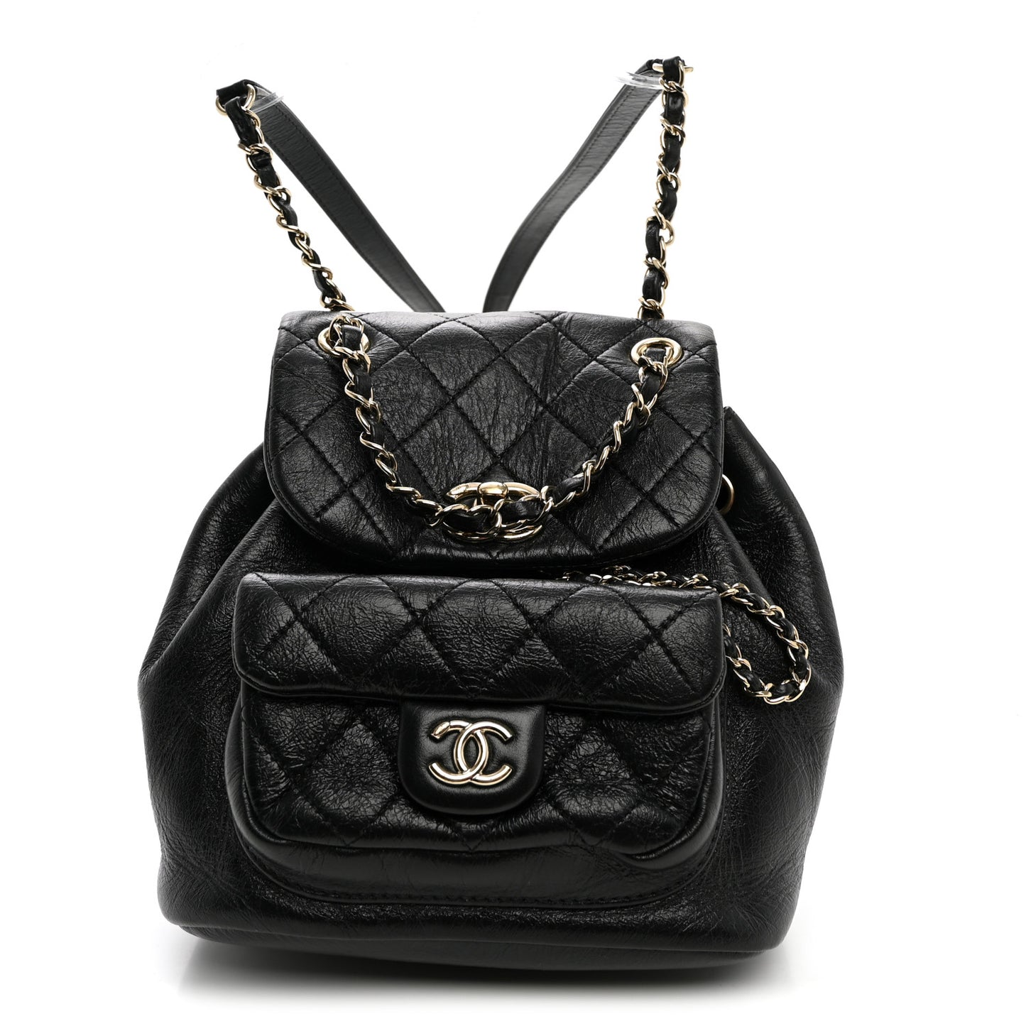 Glazed Aged Calfskin Quilted Small Duma Drawstring Backpack Black