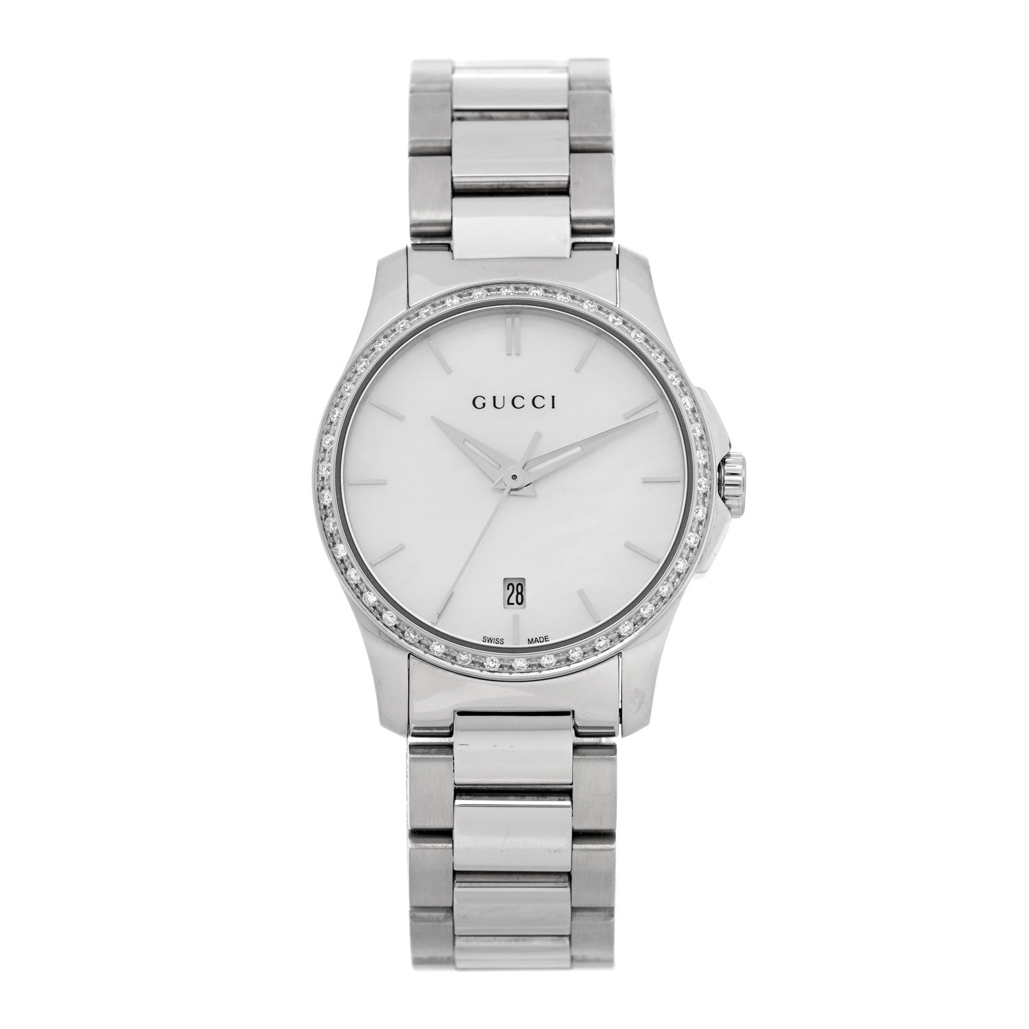 Gucci Stainless Steel Diamond Bezel Mother of Pearl 28mm G-Timeless Quartz Watch 1 of 5