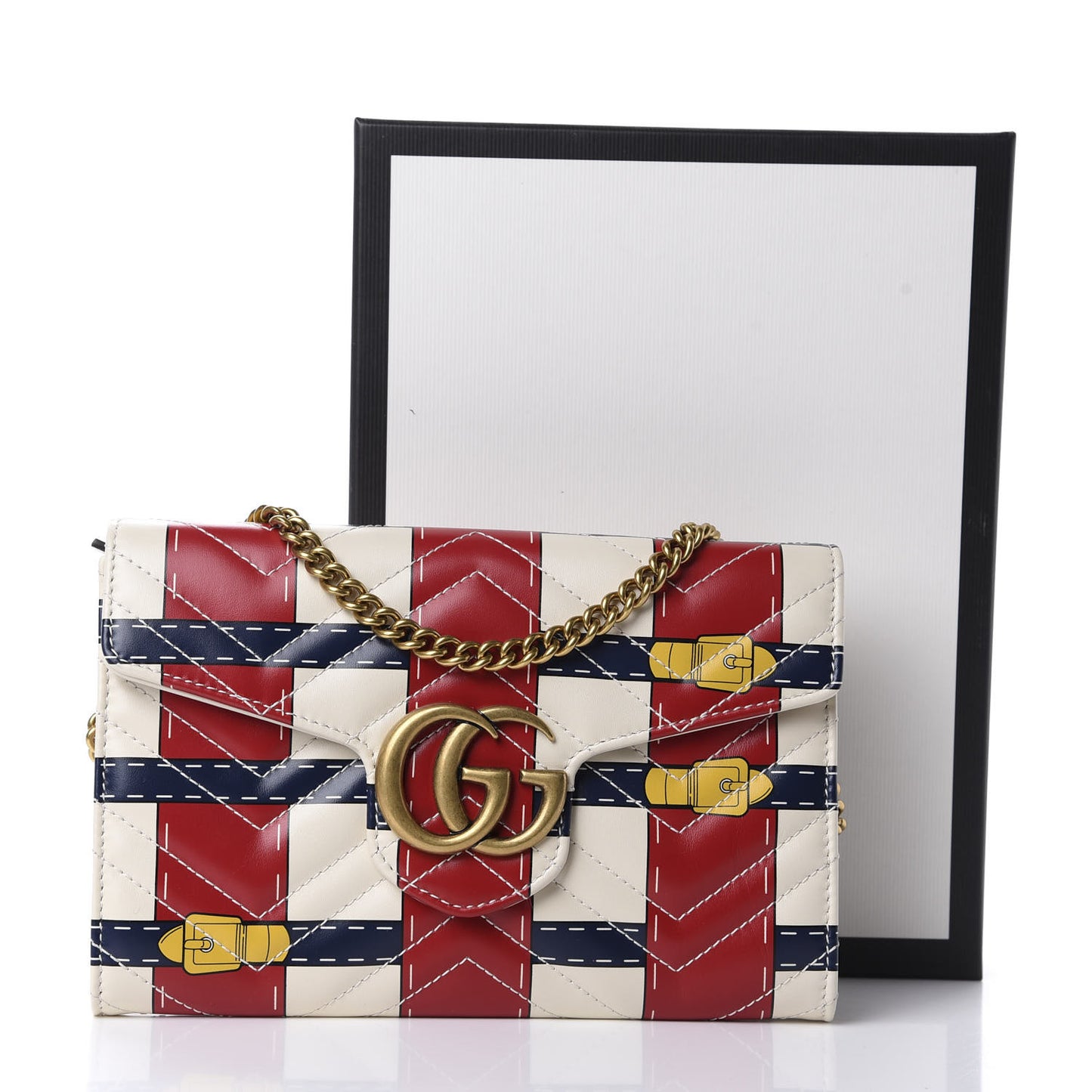 Calfskin Matelasse Trompe L'Oeil Print Mini GG Marmont Chain Wallet White