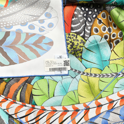 Hermes Silk Plumes En Fete Scarf 90 Blanc Turquoise 3 of 3
