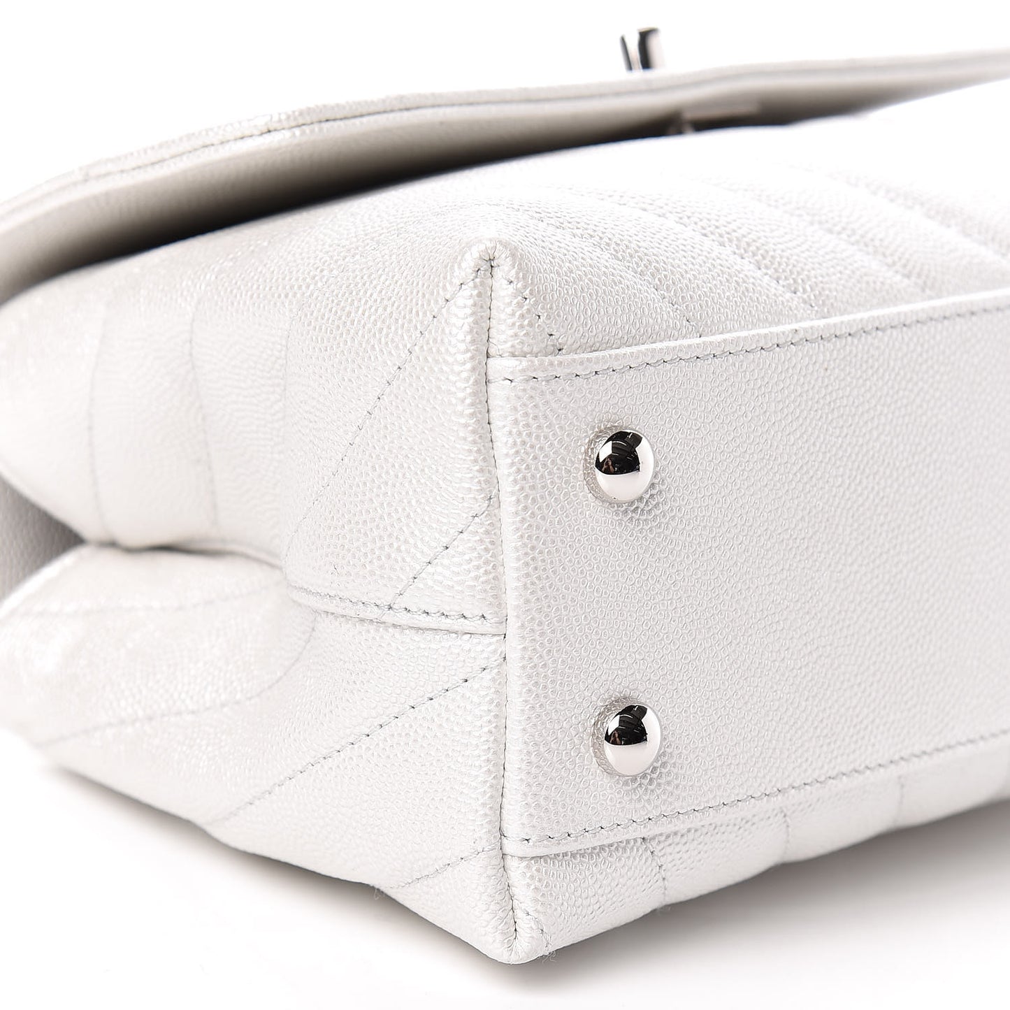Iridescent Caviar Chevron Quilted Mini Coco Handle Flap White