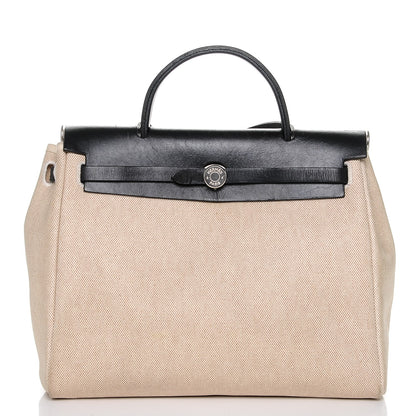 Hermes Toile Vache Calfskin Herbag 30 PM Natural Black 1 of 9