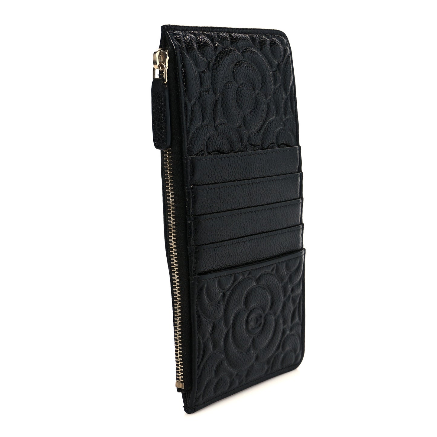 Caviar Camellia Embossed Classic Flat Wallet Pouch Black