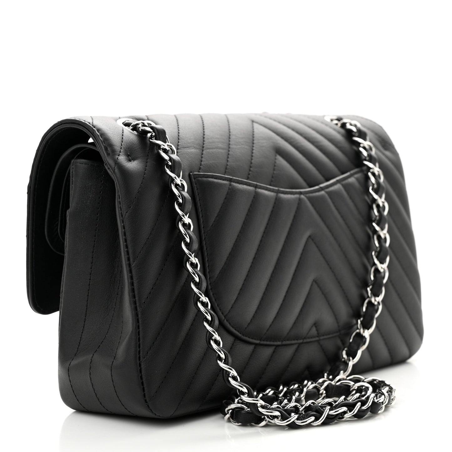 Calfskin Chevron Quilted Medium Double Flap Black