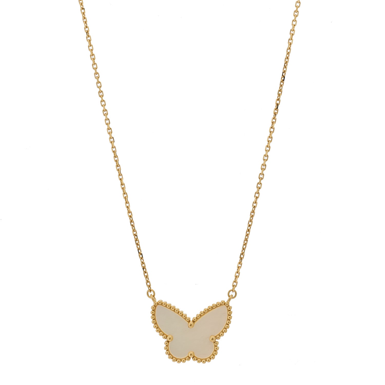 Van Cleef & Arpels 18k Yellow Gold Mother of Pearl Lucky Alhambra Butterfly Pendant Necklace 1 of 5