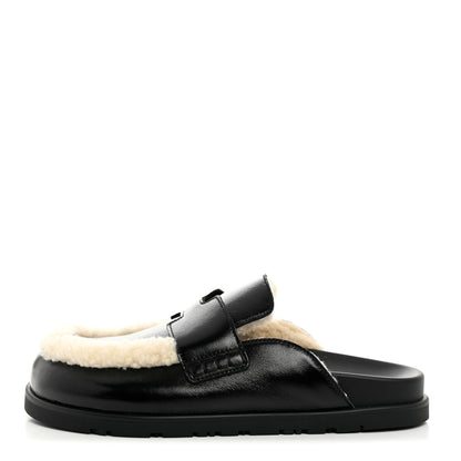 Hermes Glazed Nappa Shearling Shearling Go Mules 37 Black Ecru 1 of 10