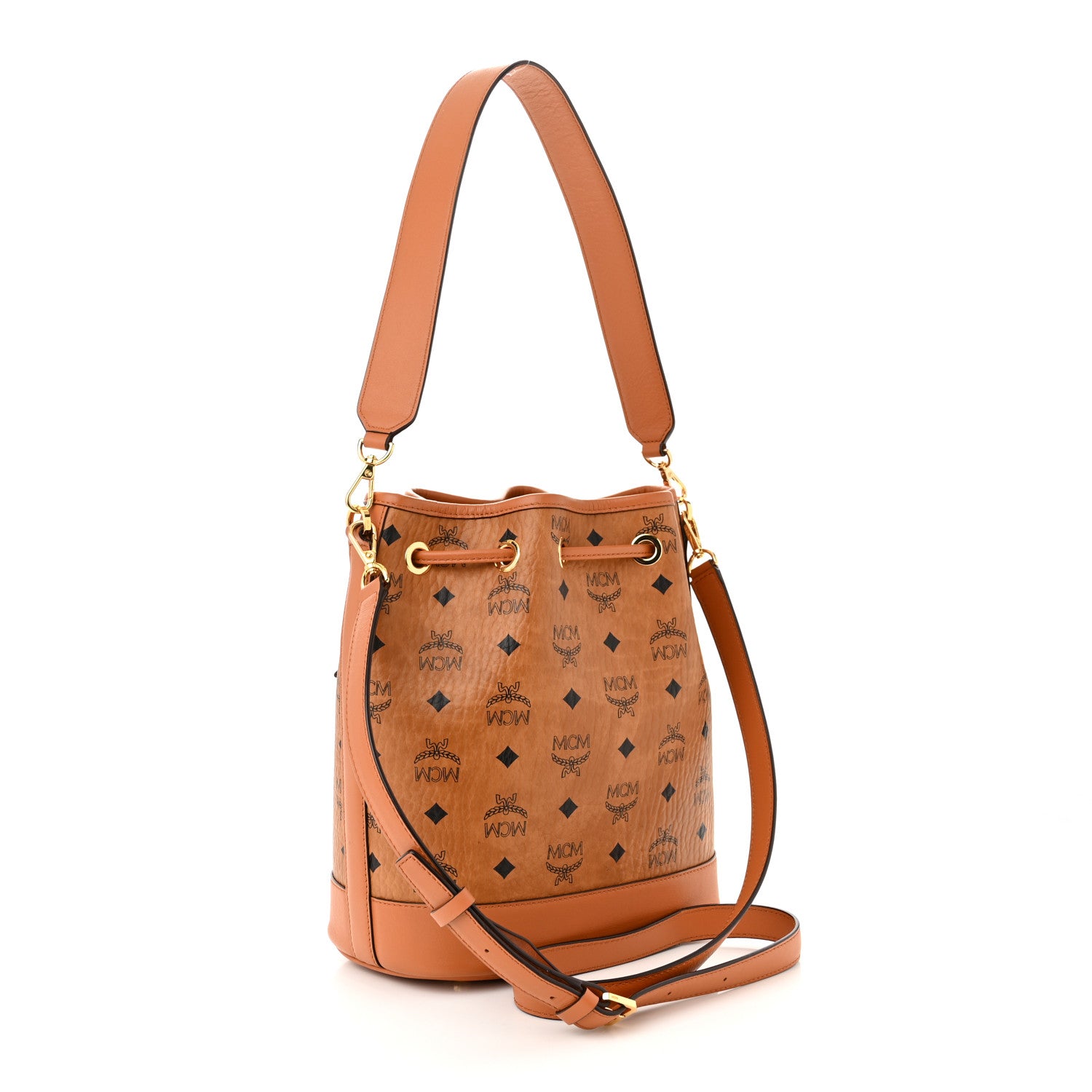 MCM Visetos Medium Dessau Drawstring Bucket Bag Cognac 4 of 13