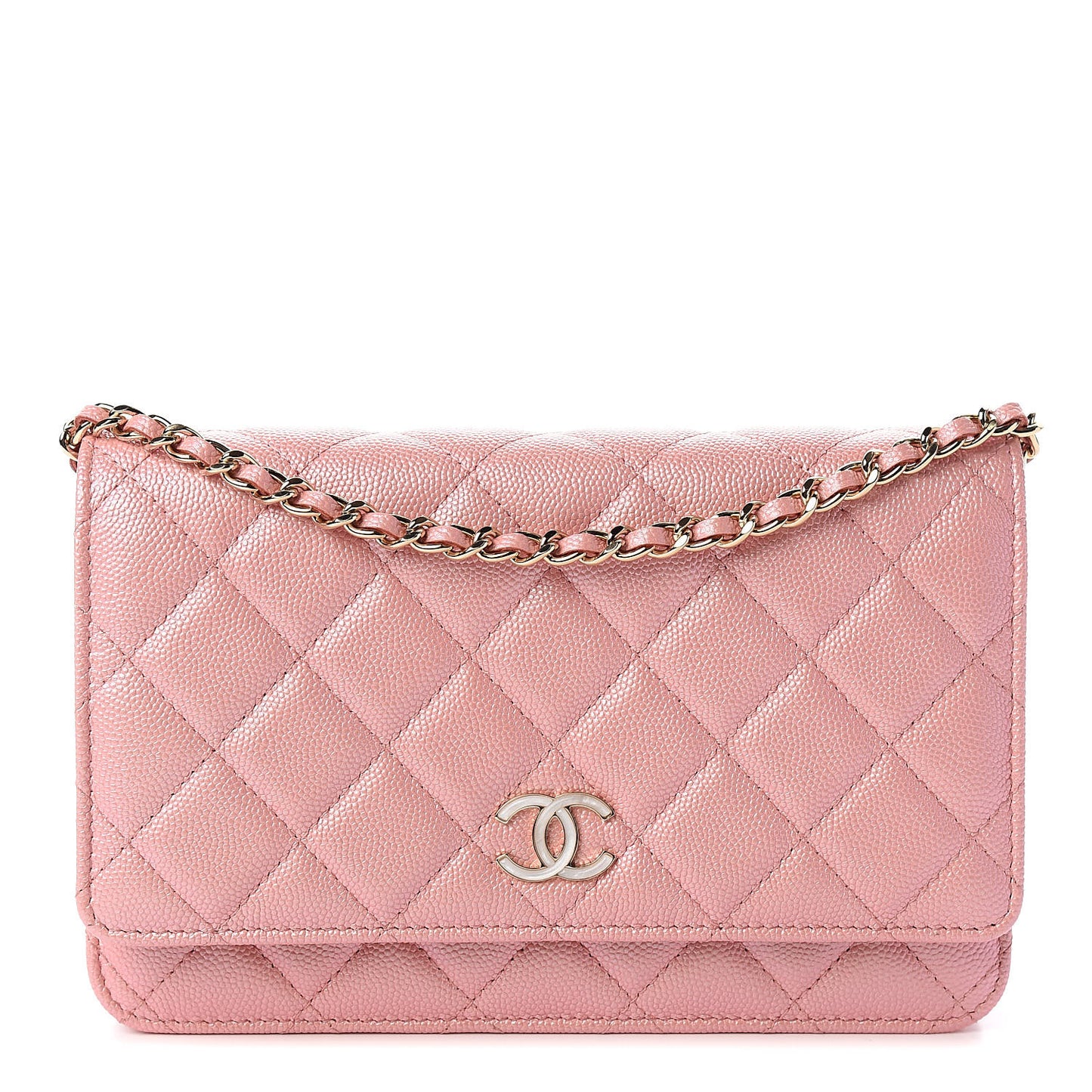 Iridescent Caviar Quilted Wallet on Chain WOC Rose Pink