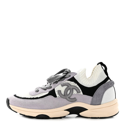 Chanel Mesh Suede Fabric Womens CC Sneakers 37.5 White Black Purple Dark Purple 1 of 6